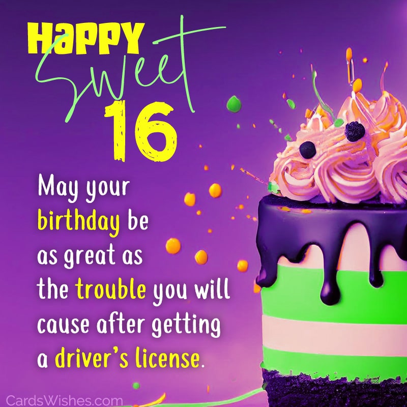 Happy Sixteenth Birthday! May you have a celebration as big as the problems you will make with your driving licence.
