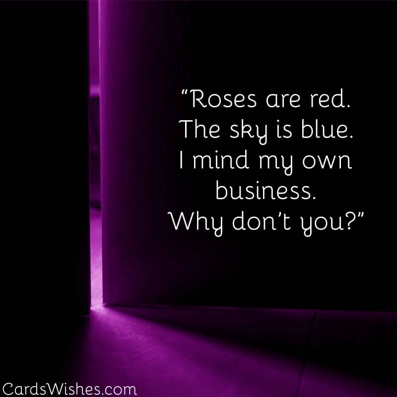 Roses are red. The sky is blue. I mind my own business. Why don’t you?